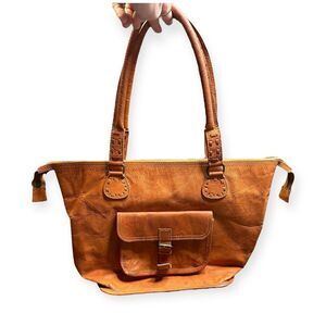 NOONDAY COLLECTION Women’s Rustic Tan Leather Tote Bag with Front Buckle Pocket